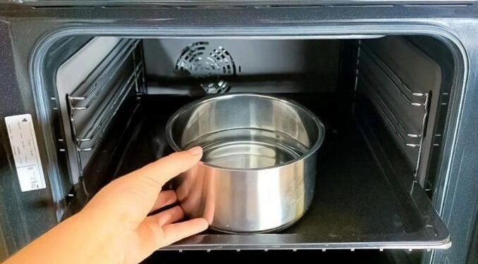 Ich fülle die Pfanne und stelle sie in den Ofen. Schmutz löst sich von selbst von den Wänden und dem Gitter