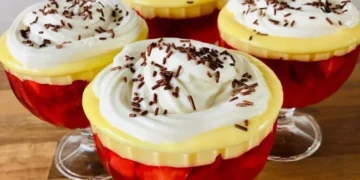 Erdbeer-Wackelpudding-Dessert mit Vanillepudding und Sahne