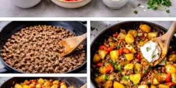 Kartoffel-Paprika-Pfanne mit Hackfleisch & Crème fraîche