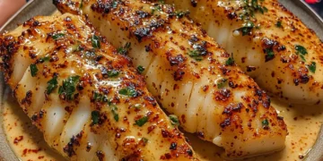 Knoblauchbutter-Kabeljaustreifen mit süß-scharfer Chili-Limetten-Sauce