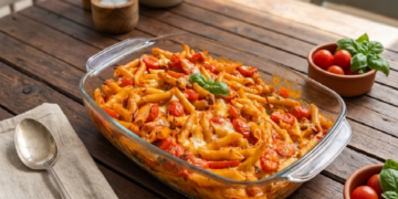 Cremiger Nudelauflauf mit Tomaten und Mozzarella
