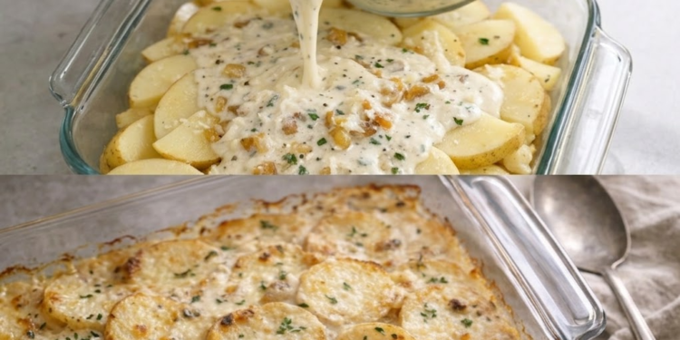 Cremiges Kartoffelgratin mit karamellisierten Zwiebeln