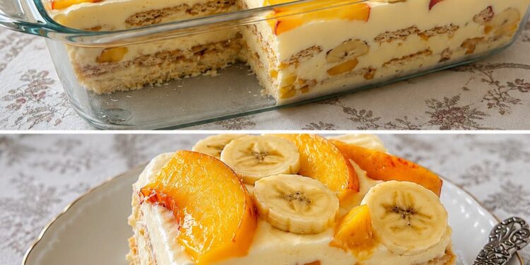 Kühlschrankkuchen mit Pfirsichen & Bananen – Cremig, fruchtig und herrlich erfrischend!